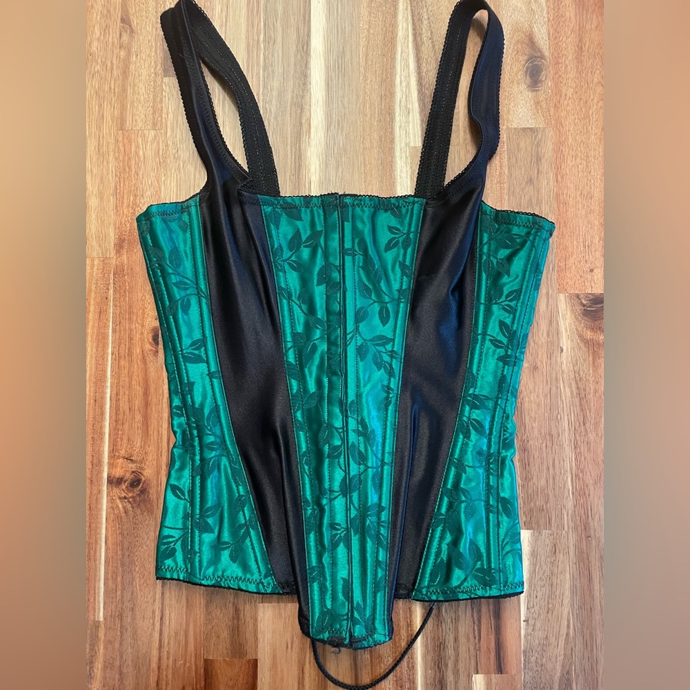 Emerald Satin Lace Up Corset With Ivy Pattern View 4